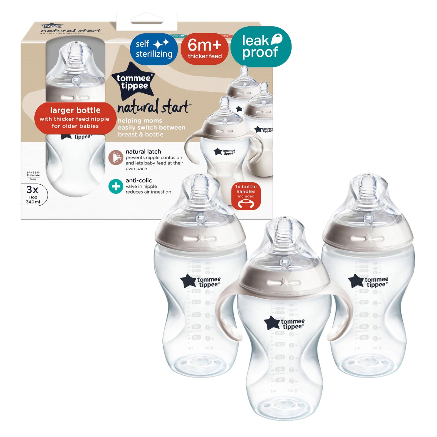 Tommee Tippee Natural Start Baby Bottles, Thicker Feed, 6m+, 11oz/340ml Tommee Tippee