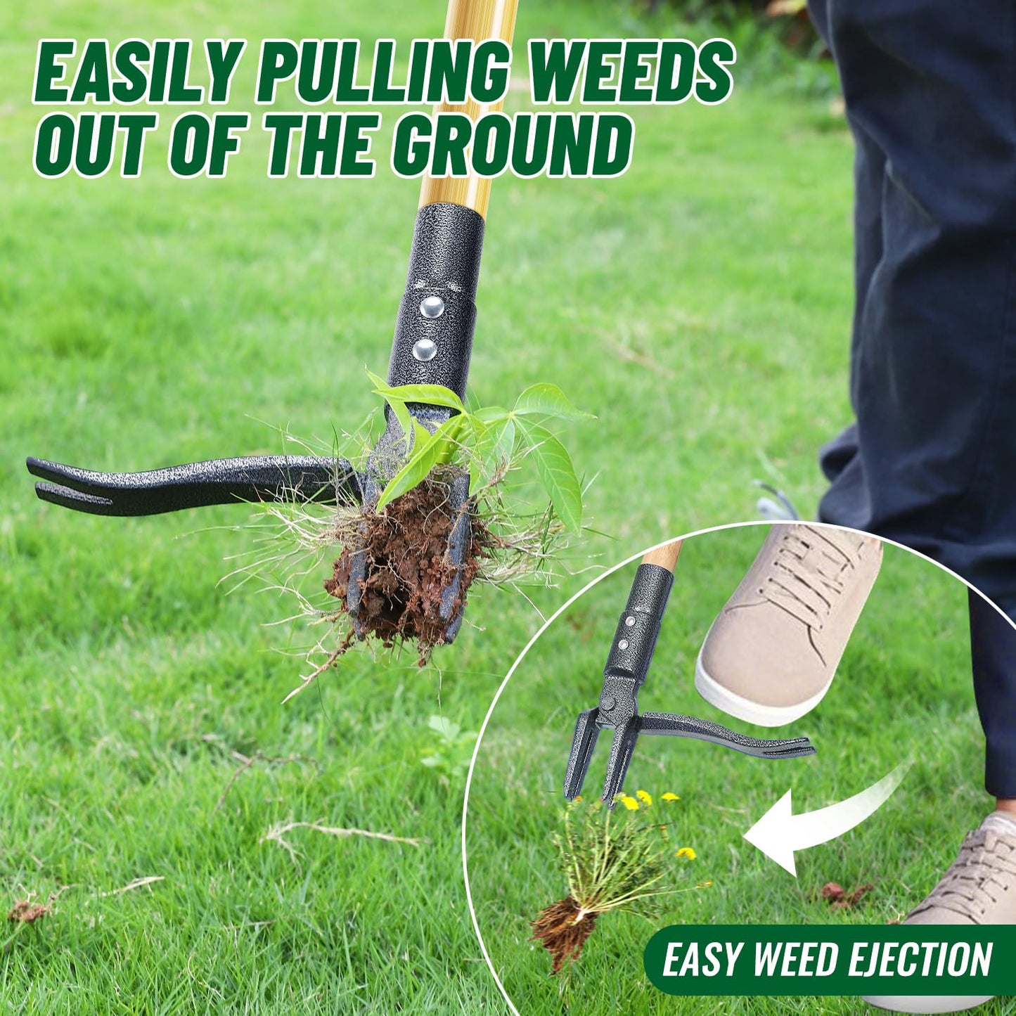 ORMALLA Weed Puller, 43.7in Long Handle Weed Remover, Dandelion Removal Tool, Natural Bamboo Handle and 4 Claws, Stand Up Garden Weed Root Remover, Pet Friendly (43.7in) - Available at All In One Marketplace Canada