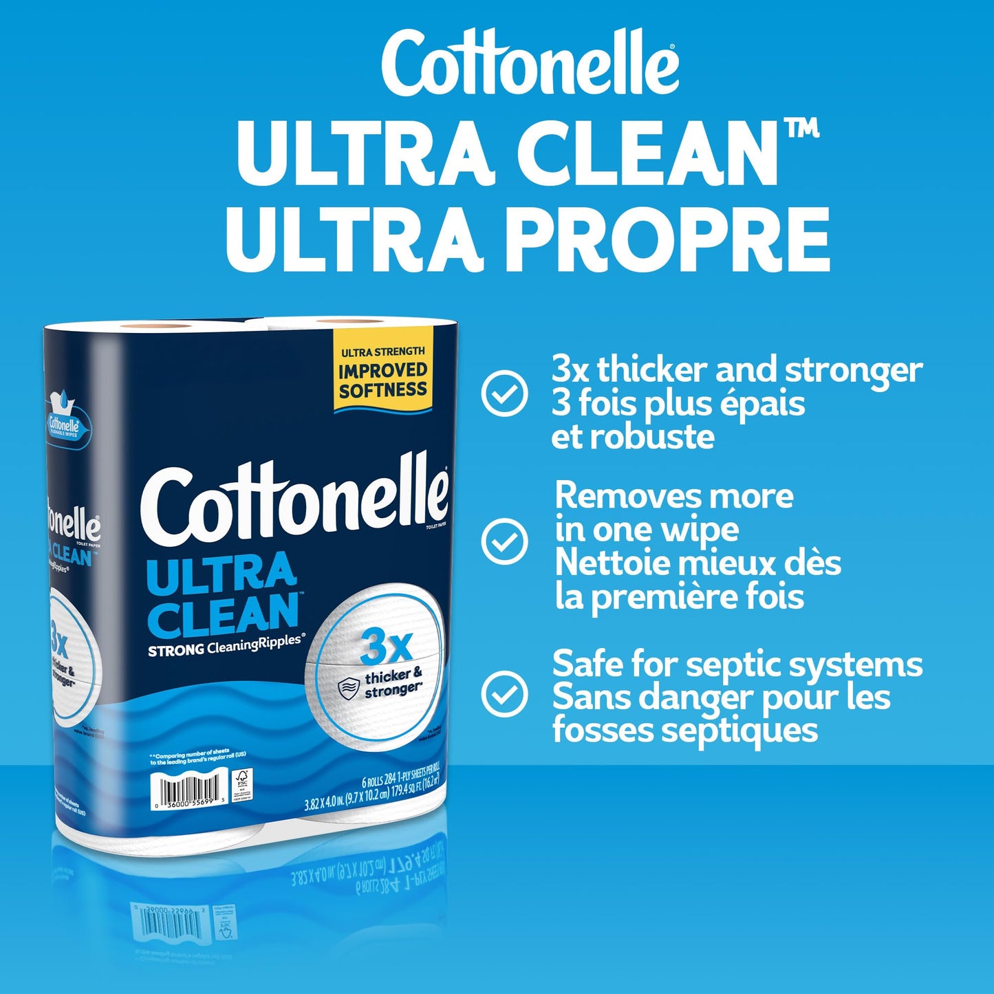 Cottonelle Toilet Paper, 24 Mega Rolls = 96 Regular Rolls, Ultra Clean, Strong Bathroom Tissue, 284 Sheets per Roll, Packaging May Vary