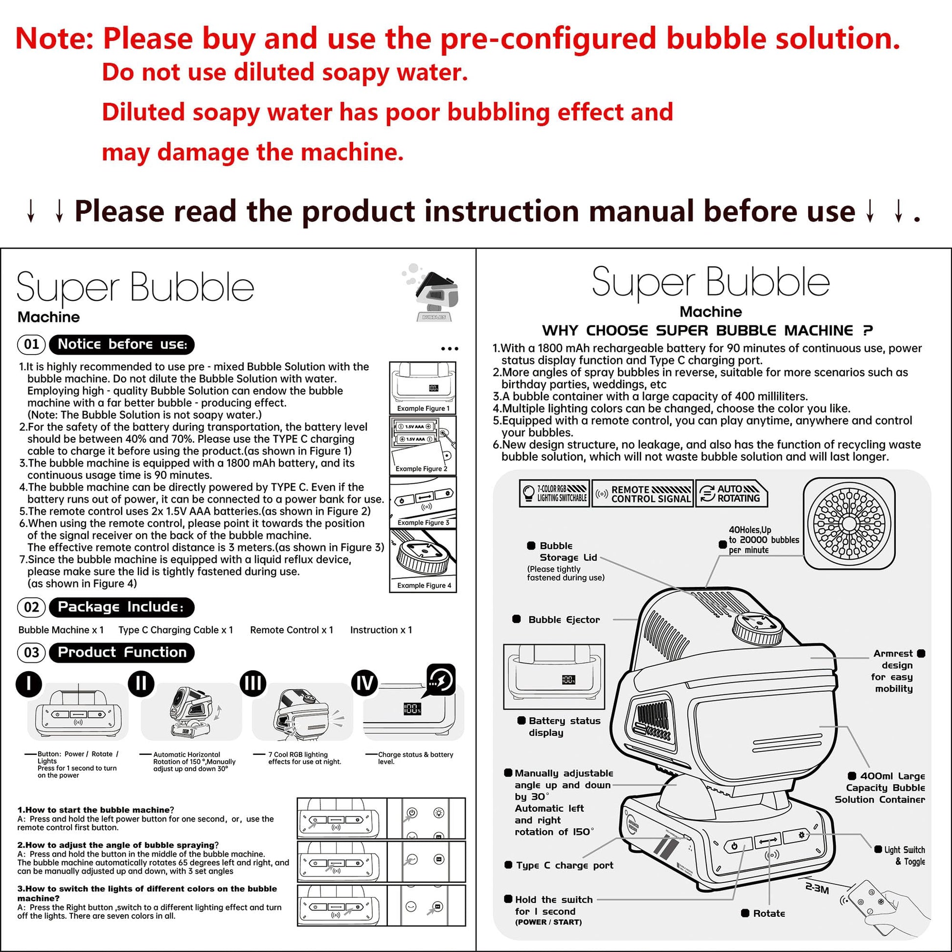 Upgraded Bubble Machine with Remote Control, Automatic Rotation & RGB Lights, 1800mAh Rechargeable, Type-C Charge, Bubble Maker for Kids, Weddings, Birthday Parties, Outdoor Activities