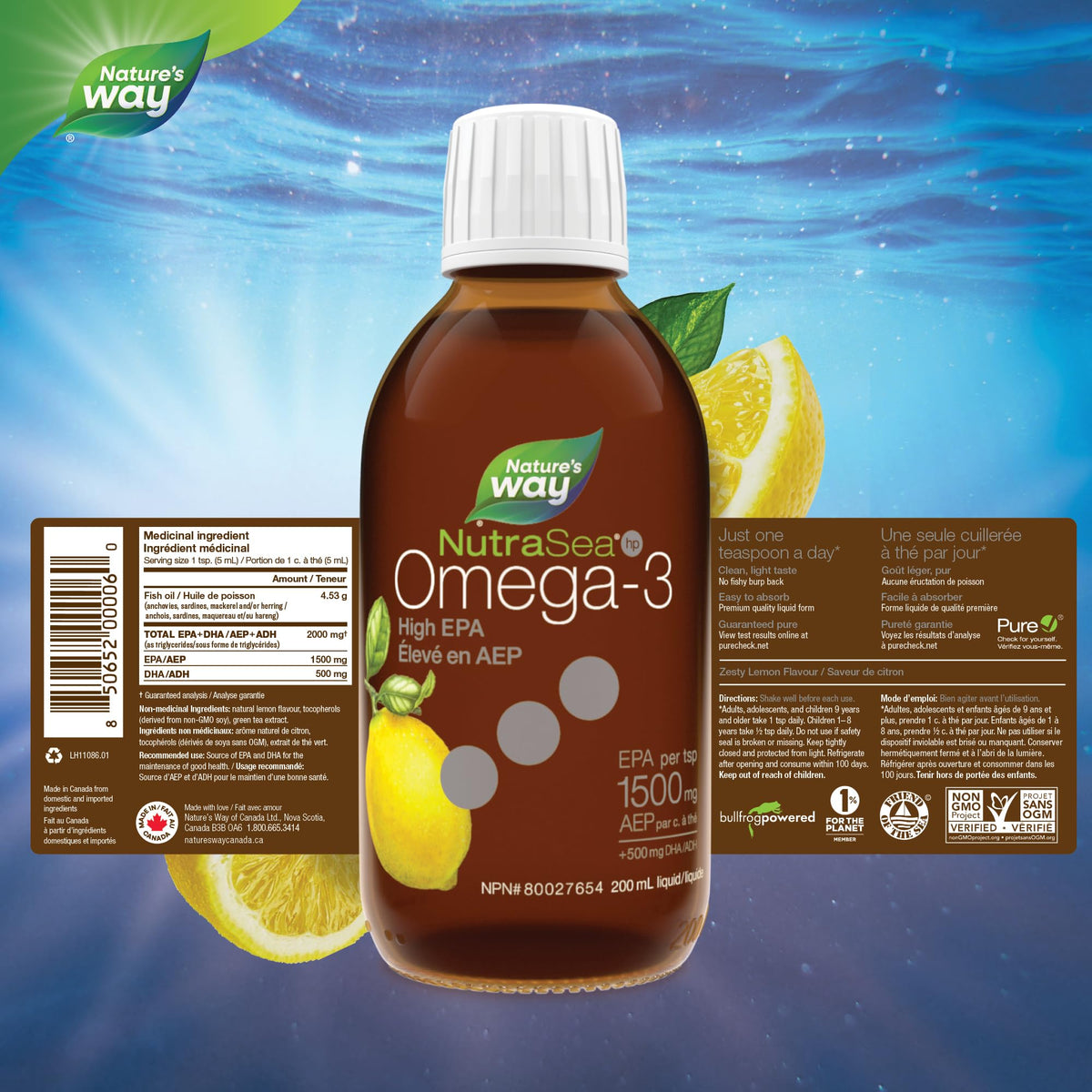 Nature's Way NutraSea HP Omega 3 High EPA Fish Oil Liquid Supplement for Adults and Kids 1+ – Lemon Flavour, Non-GMO – Heart & Brain Support – 1500mg EPA, 200 mL