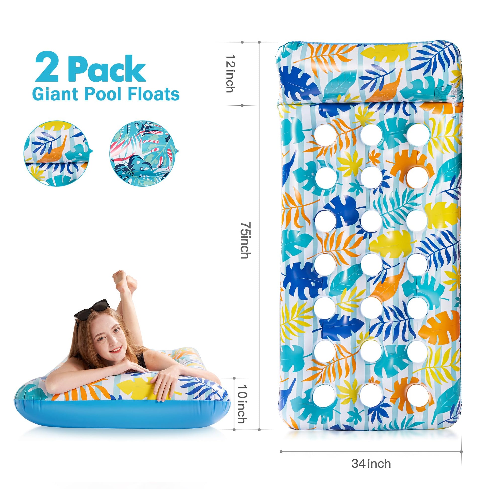 Stonful 2 Pack Inflatable Pool Float Mat, Giant Pool Floats Adult Size with Headrest, Lake Float Raft Water Lounger, Multi-Purpose Swimming Pool Floats Toys for Pool Party, Summer Beach, Outdoor