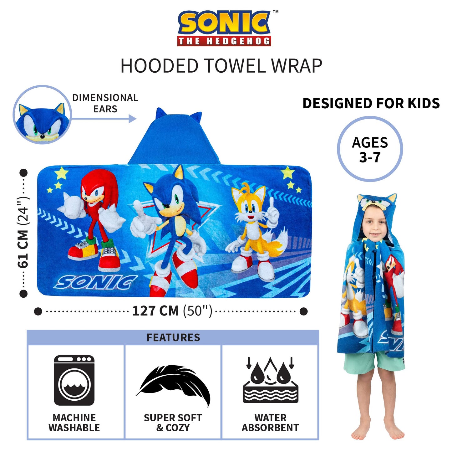 Franco Kids Bath and Beach Super Soft Cotton Hooded Towel Wrap, 24 in x 50 in, Sonic The Hedgehog Franco
