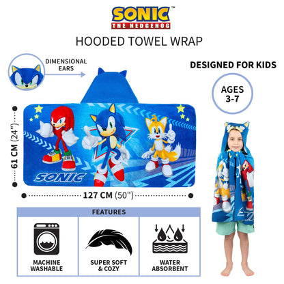Franco Kids Bath and Beach Super Soft Cotton Hooded Towel Wrap, 24 in x 50 in, Sonic The Hedgehog Franco