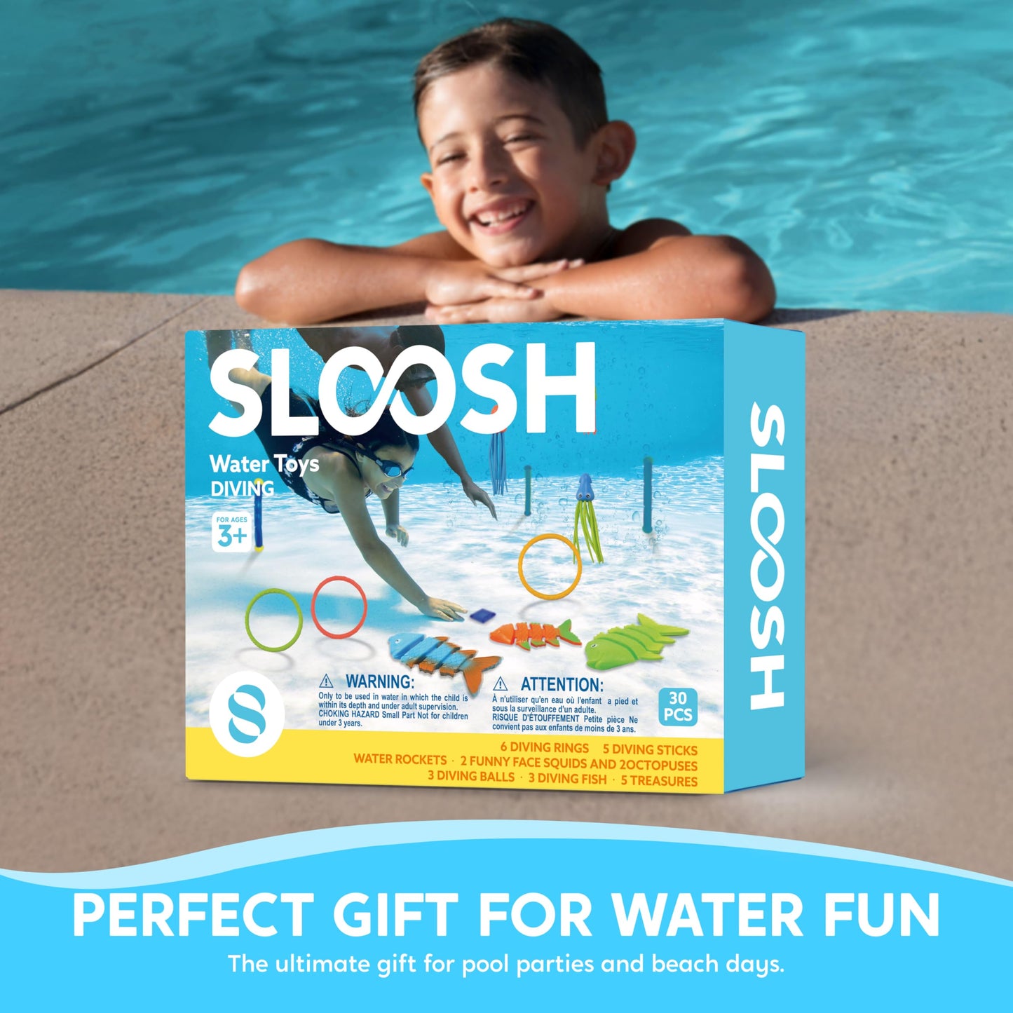 Sloosh 30 Pcs Diving Pool Toys for Kids Ages 3-12 Jumbo Set with Storage Bag Pool Games Summer Swim Water FishToys