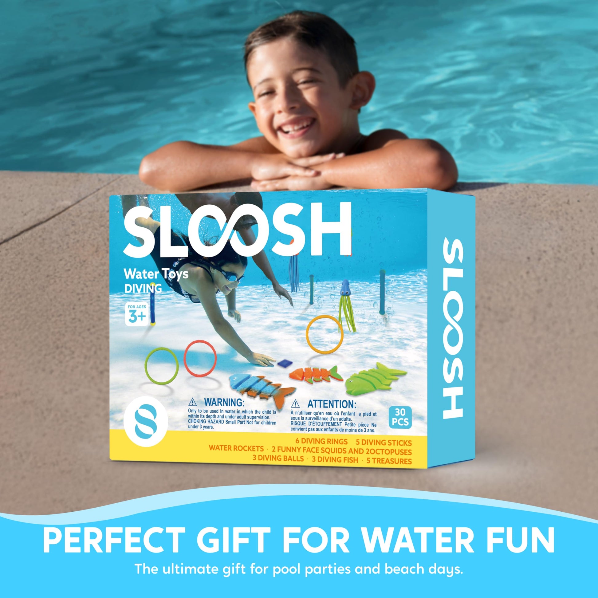 Sloosh 30 Pcs Diving Pool Toys for Kids Ages 3-12 Jumbo Set with Storage Bag Pool Games Summer Swim Water FishToys