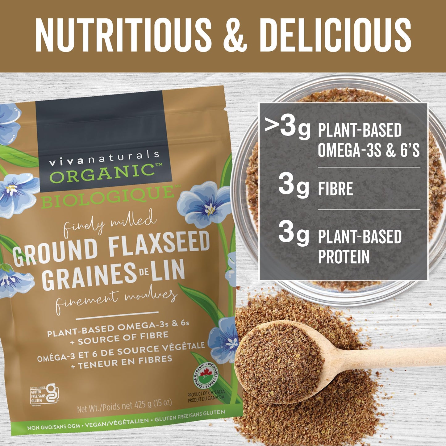 Viva Naturals Canadian-Made Organic Ground Flaxseed - Premium Flax Seeds for Baking, Smoothies - Certified Organic, Non-GMO, Keto & Vegan Friendly Graine De Lin 425 g (15 oz) - Available at All In One Marketplace Canada