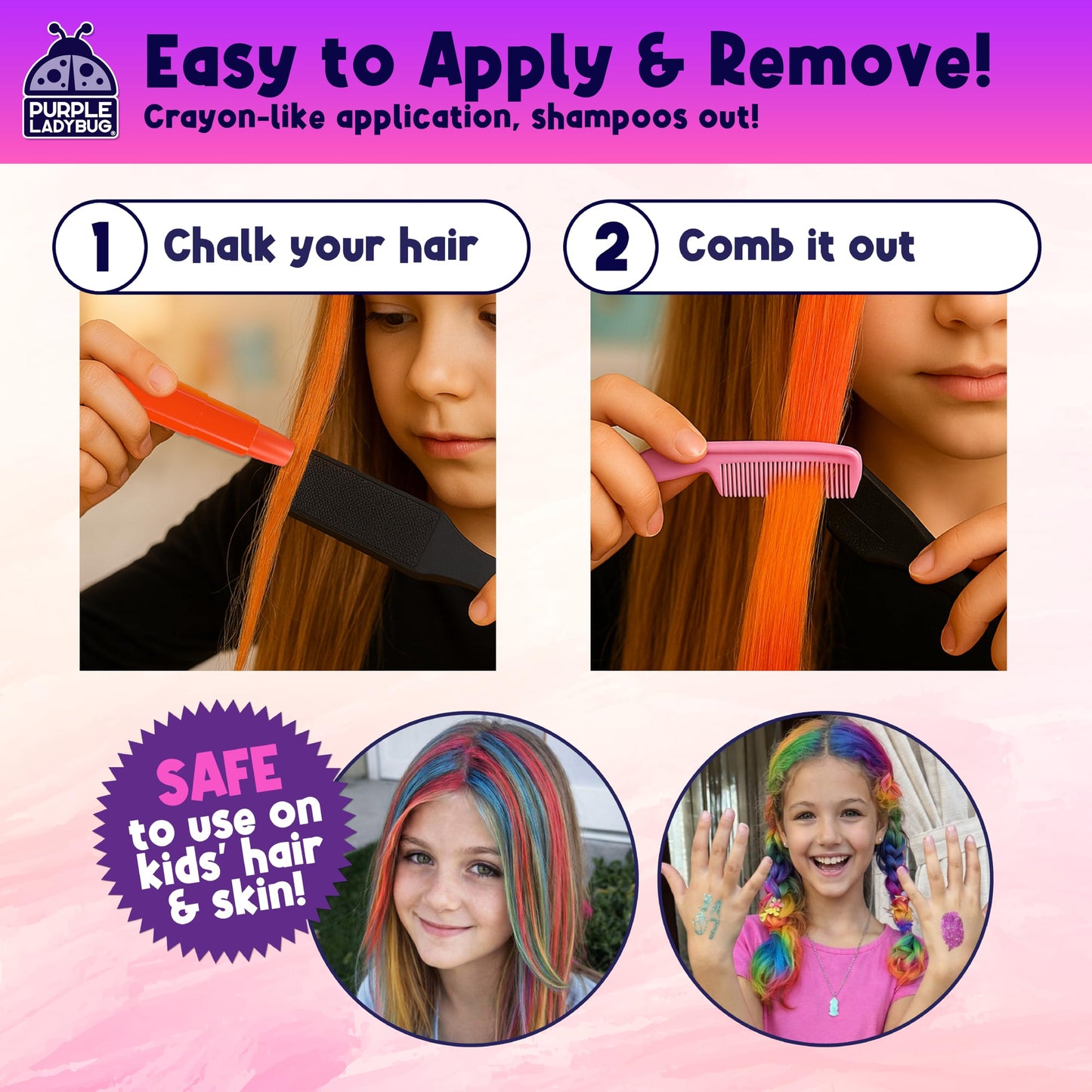 PURPLE LADYBUG Hair Chalk for Kids - 12 Safe Vibrant Temporary Hair Color for Kids - Girls Gifts 8-12 Years, 6 7 8 9 10 Year Old Girl Gift Idea - Tween & Teen Girl Gifts - Available at All In One Marketplace Canada