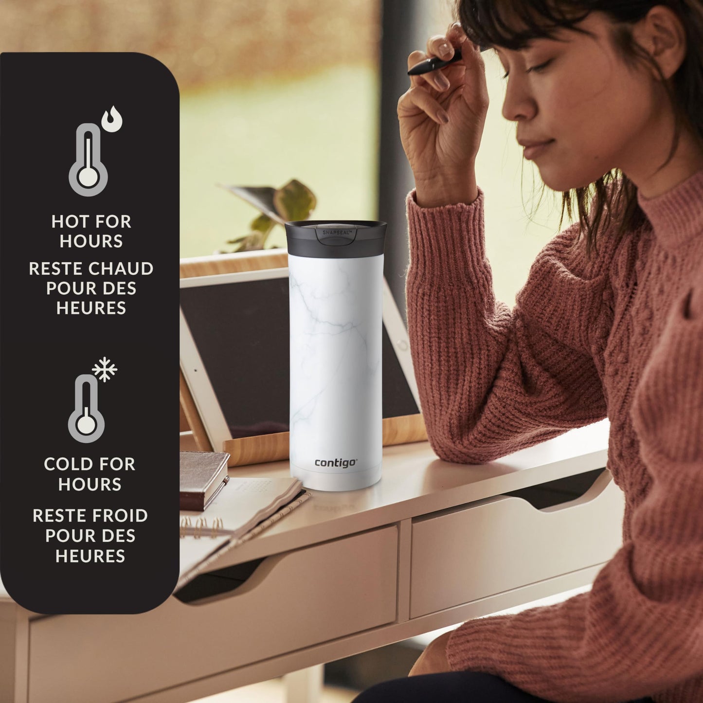Contigo Huron 2.0 Couture Stainless Steel Travel Tumbler, Vacuum-Insulated Metal Tumbler for Coffee and Tea with Leak-Proof Lid, White Marble, 20 oz (591 mL) Contigo