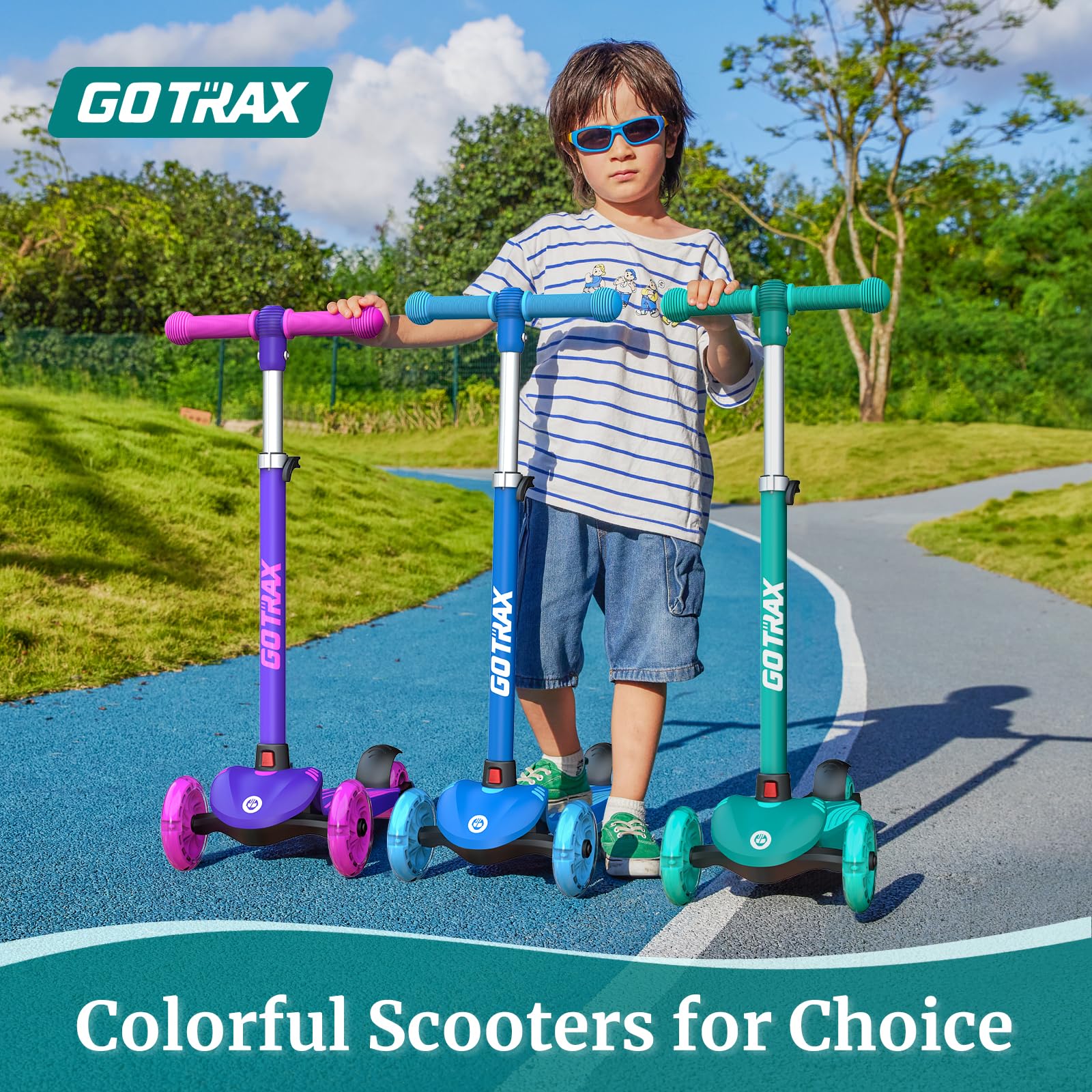 Gotrax KS1 Kids Kick Scooter, LED Lighted Wheels and 3 Adjustable Height Handlebars, Lean-to-Steer & Widen Anti-Slip Deck, 3 Wheel Scooter for Boys & Girls Ages 3+ and up to 100 Lbs (Purple)