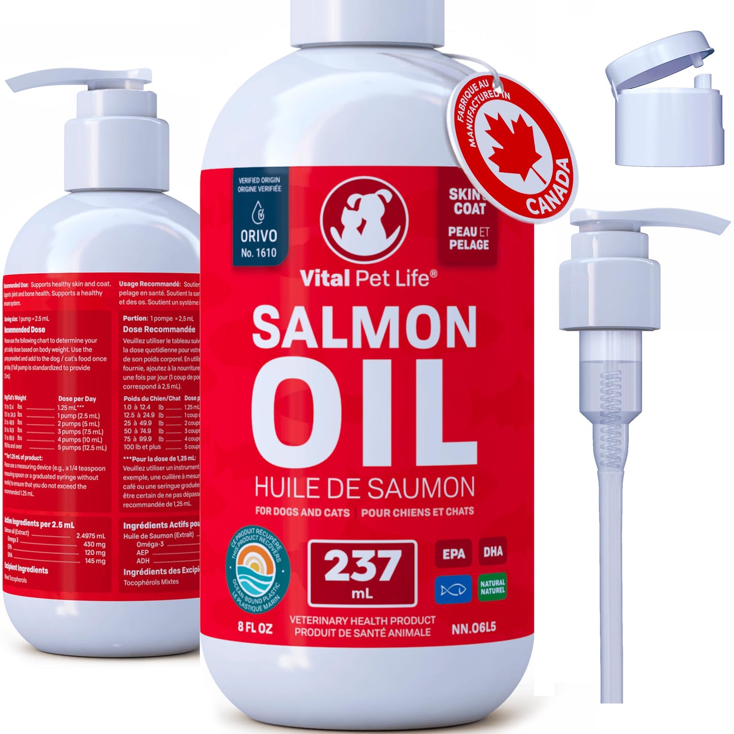 Salmon Oil for Dogs 237 mL - Healthy Skin & Coat, Fish Oil, Omega 3 EPA DHA, Liquid Food Supplement for Pets, All Natural, Supports Joint & Bone Health, Natural Allergy & Inflammation Defense