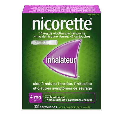 Nicorette 4mg Nicotine Inhaler – Clinically Proven Quit Smoking Aid with Hand-to-Mouth Action, Helps Reduce Cravings & Withdrawal, NRT for Adults Quitting Cigarettes, 42 Cartridges - Available at All In One Marketplace Canada
