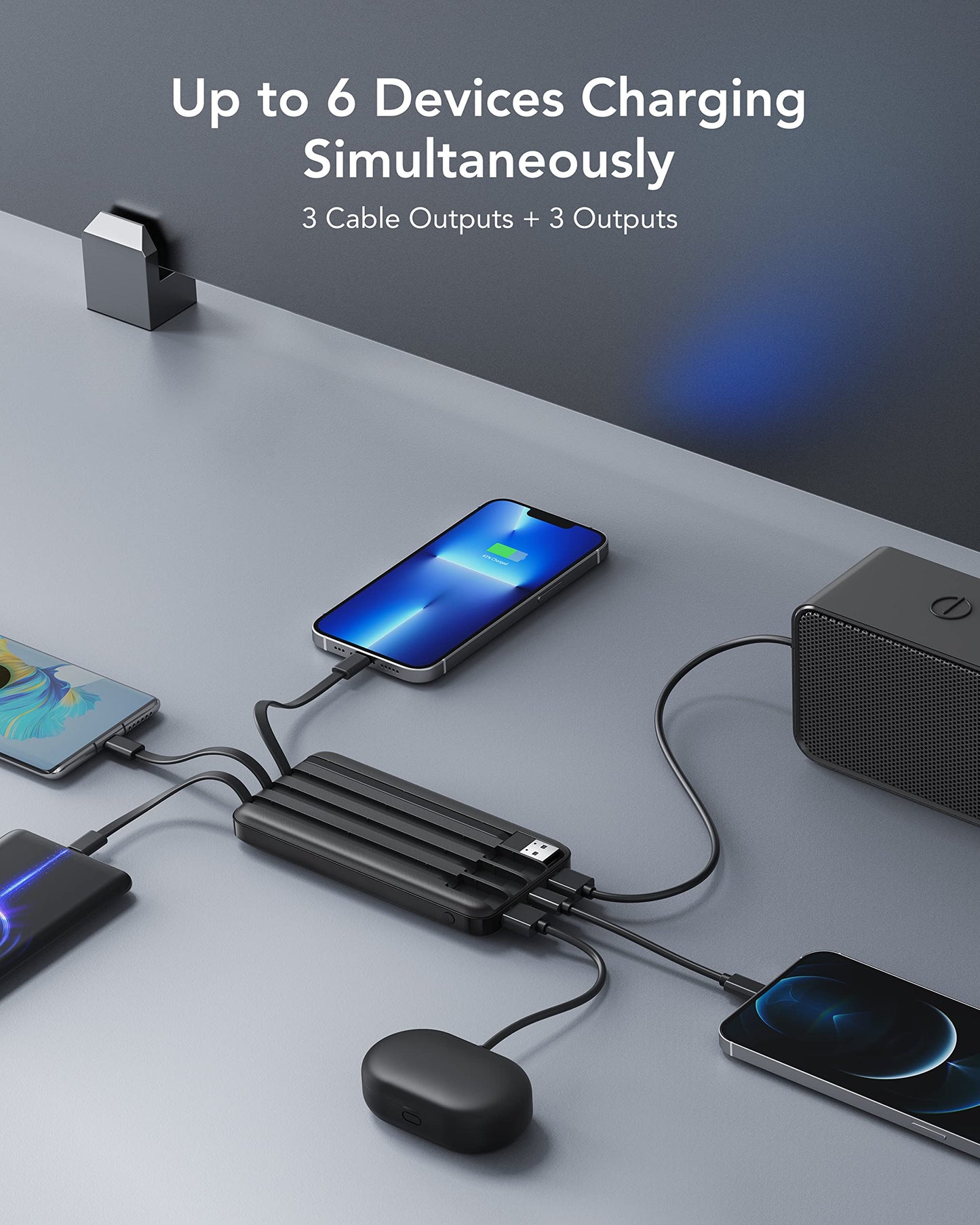 Charmast Power Bank with Built in Cables, 10000mAh USB C Battery Pack 6 Outputs 2 Inputs with LED Display Type C Powerbank Portable Charger Compatible with Smartphones Tablets and More (Black) - Available at All In One Marketplace Canada