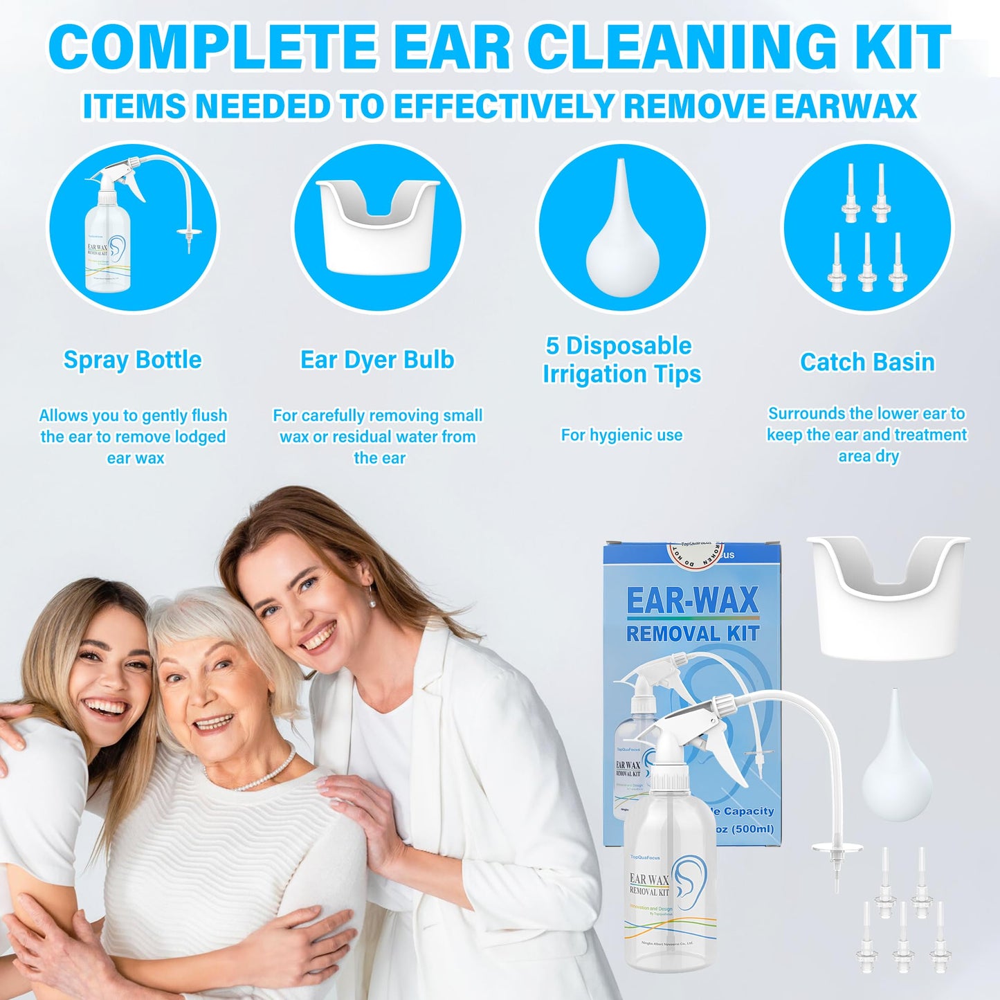 TopQuaFocus 500ml Earwax Remover Ear Cleaner Irrigation Tool Ear wax Removal Flushing System Earwax Cleaning Spray Bottles Ear Flush System for Adults & Kids (16.9oz) - Available at All In One Marketplace Canada