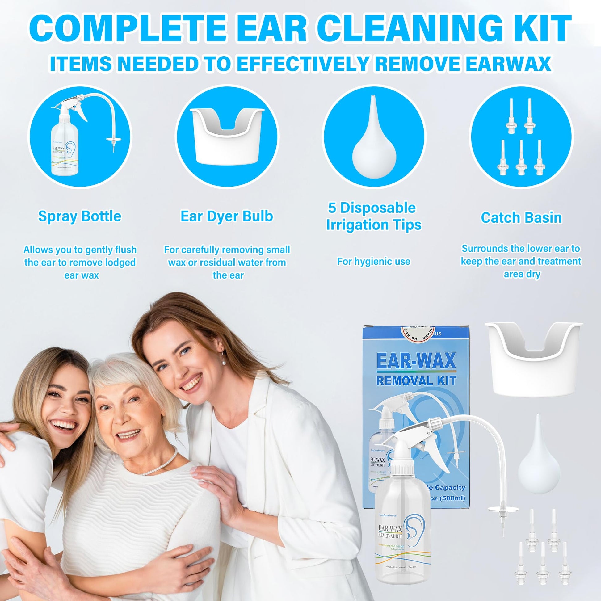 TopQuaFocus 500ml Earwax Remover Ear Cleaner Irrigation Tool Ear wax Removal Flushing System Earwax Cleaning Spray Bottles Ear Flush System for Adults & Kids (16.9oz) - Available at All In One Marketplace Canada