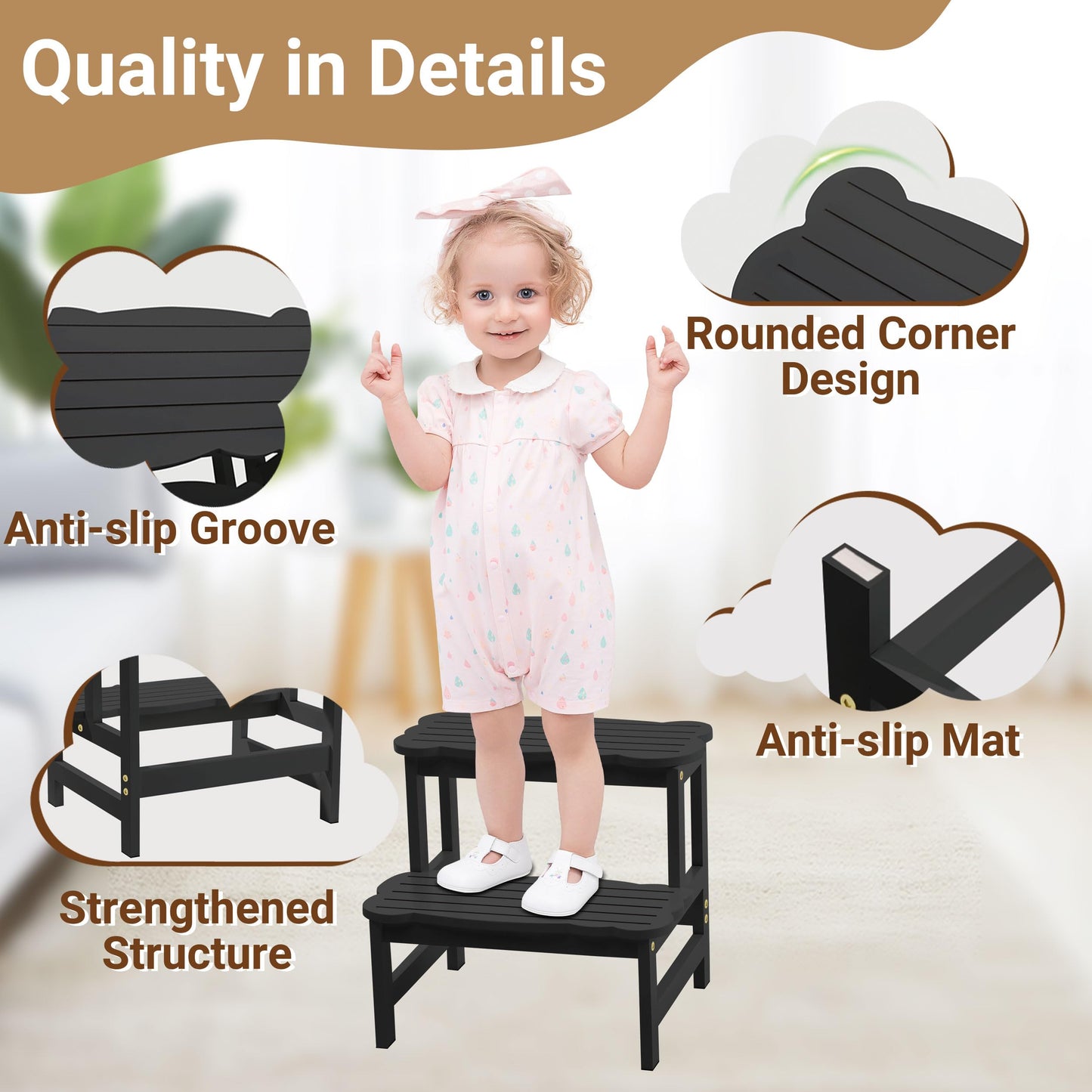 COSYLAND Bamboo Step Stool, Two Step Stools Toddler 300 lbs Capacity with Safety Non-Slip Pads, Bamboo Step Stool for Bathroom, Kitchen Dual Height Step Stools for Kids (Black) 🍁 All In One Marketplace Canada