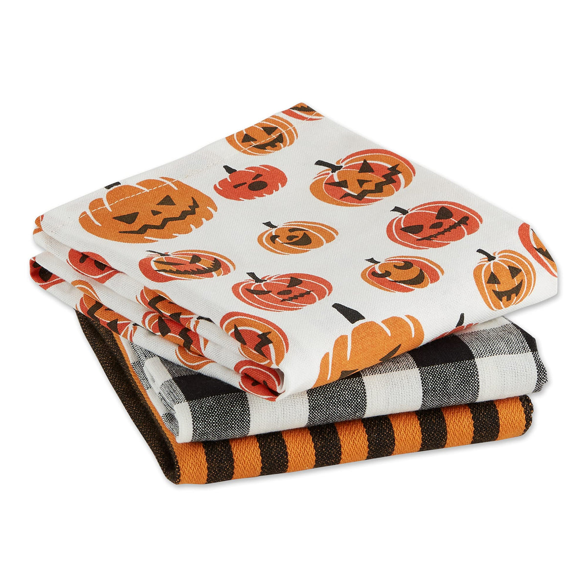 Lot de 3 torchons de cuisine décoratifs DII pour Halloween, motifs effrayants et amusants, coton imprimé, 46 x 71 cm, motif carreaux style buffalo noir et blanc/rayures orange