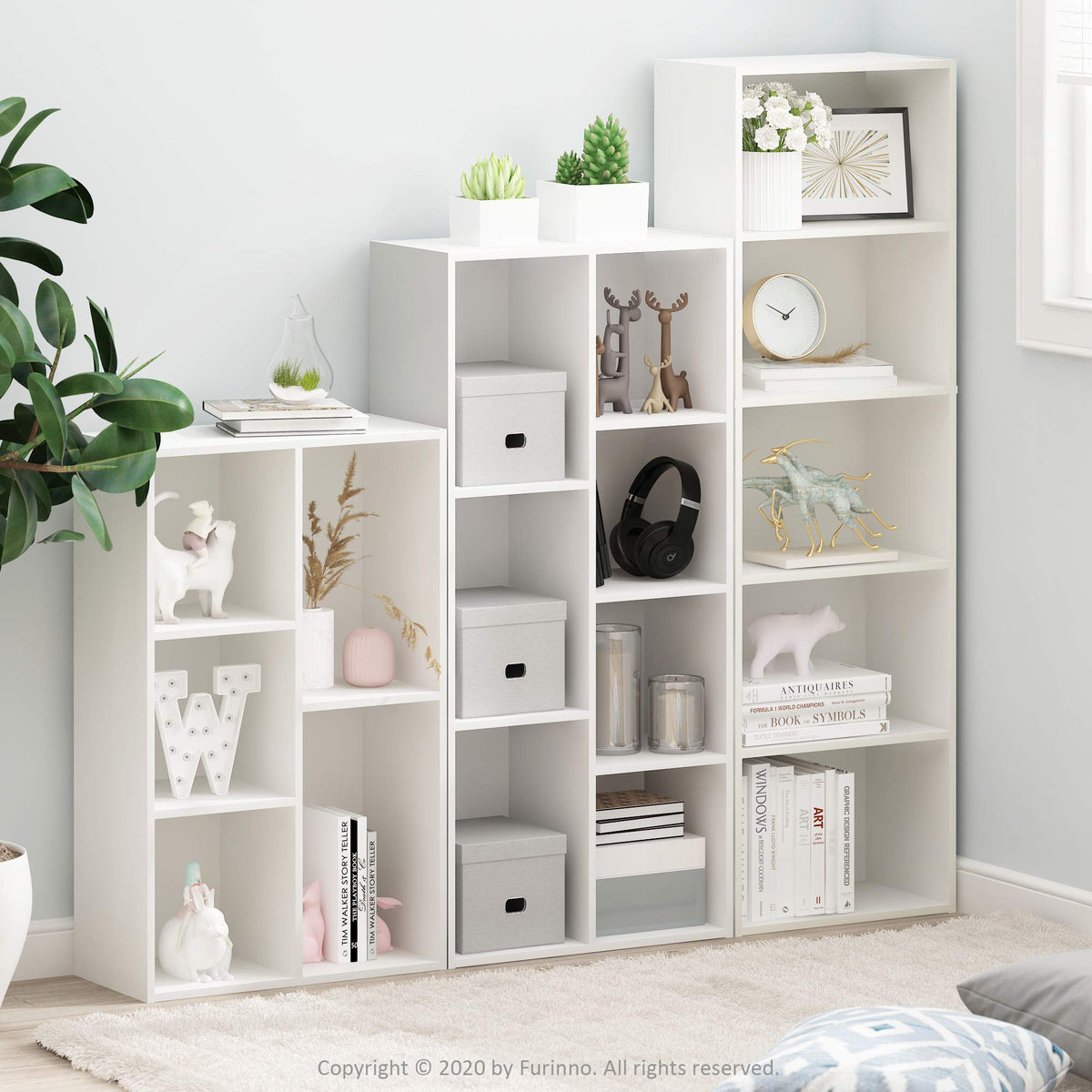 Furinno LUDER Book Shelf, 5-Cube Bookshelf, Bookcase with Open Shelf, 9.4 x 15.8 x 52, for Living Room, Bedroom, Home Office, White