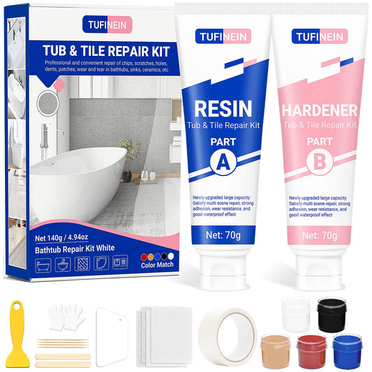 Bathtub Repair Kit 140g (Color Match), TUFINEIN Porcelain Repair Kit for Fiberglass, Enamel, Ceramic, Acrylic Repair and Fix Chips, Cracks, Scratches, Holes on Tub/Tile/Sink/Shower Tray/Shower - Available at All In One Marketplace Canada