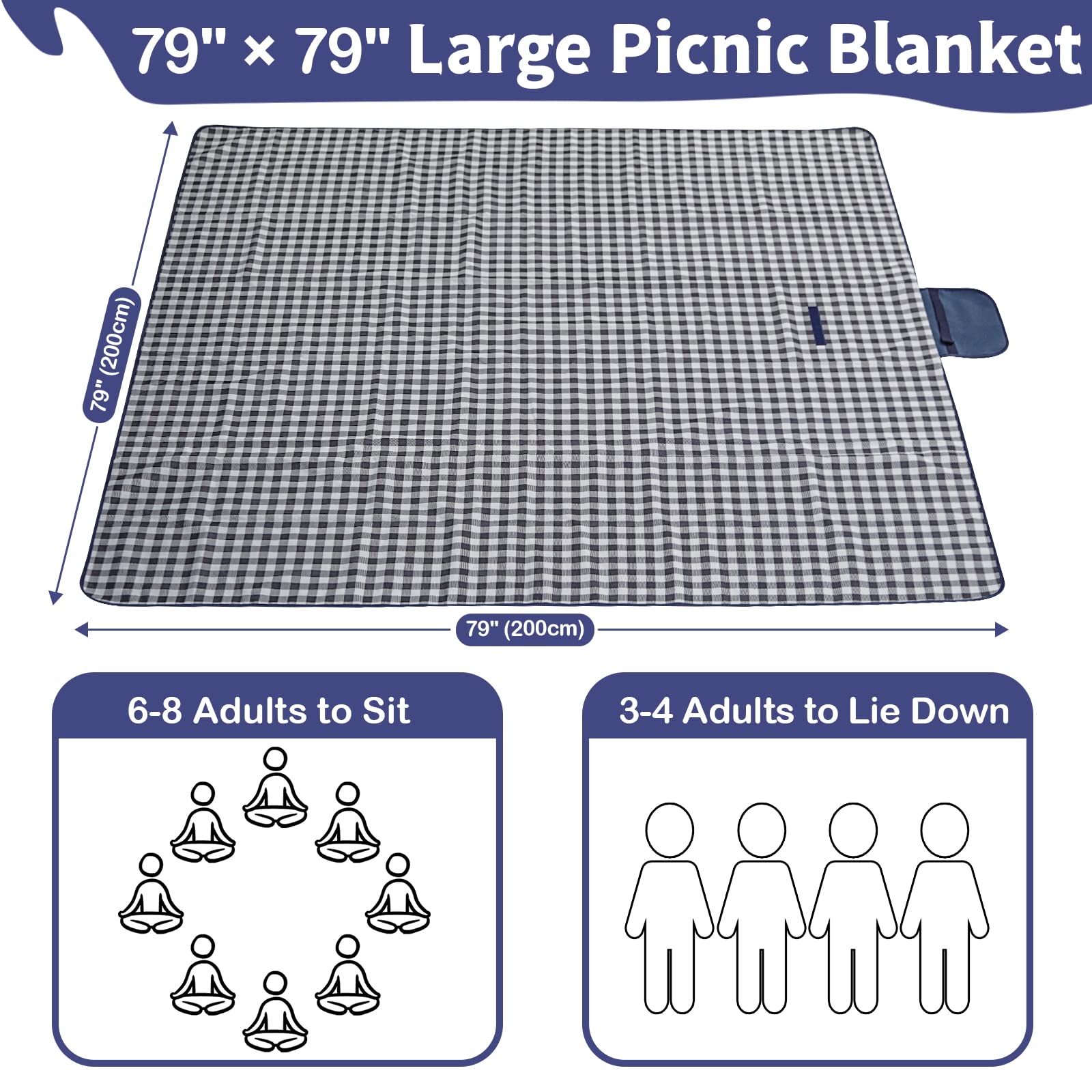 Extra Large Outdoor Picnic Blanket, 79"x79" Waterproof Picnic Mat, Sandproof Beach Blanket Portable Camping Blanket Lightweight for Park Beach Camping Courtyard (Dark Blue)