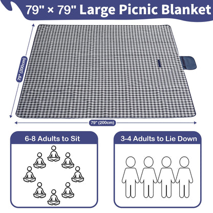 Extra Large Outdoor Picnic Blanket, 79"x79" Waterproof Picnic Mat, Sandproof Beach Blanket Portable Camping Blanket Lightweight for Park Beach Camping Courtyard (Dark Blue)