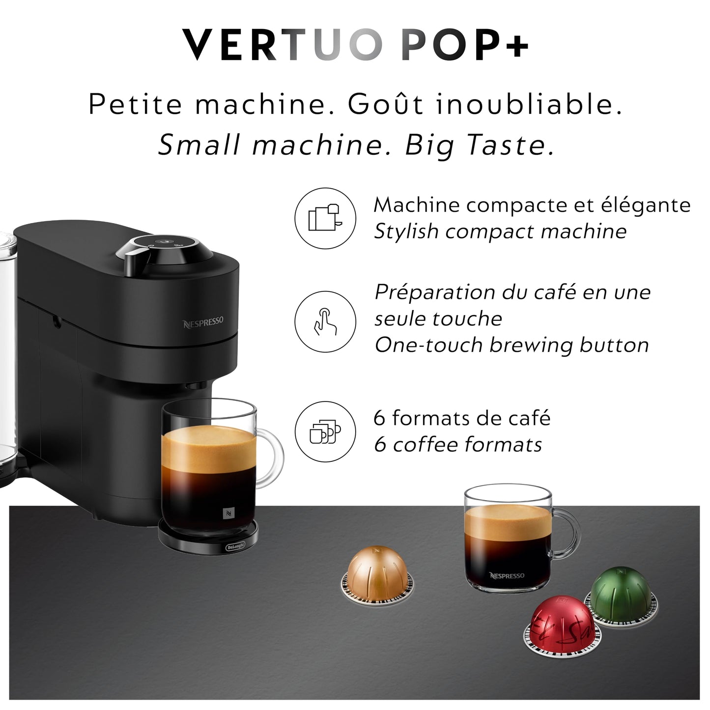 Nespresso Vertuo Pop+ Deluxe Single Serve Coffee and Espresso Machine by De’Longhi, Matte Black - Available at All In One Marketplace Canada