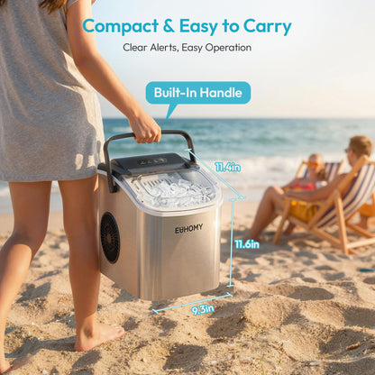 EUHOMY Countertop Ice Maker Machine with Handle, 26lbs Per Day, 9 Ice Cubes Ready in 6 Mins, Auto-Cleaning Portable Ice Maker with Basket and Scoop, for Home/Kitchen/Camping/RV (Silver)