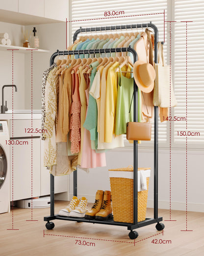 Sakugi Double-Rod Metal Clothing Rack with Wheels, Black - Available at All In One Marketplace Canada