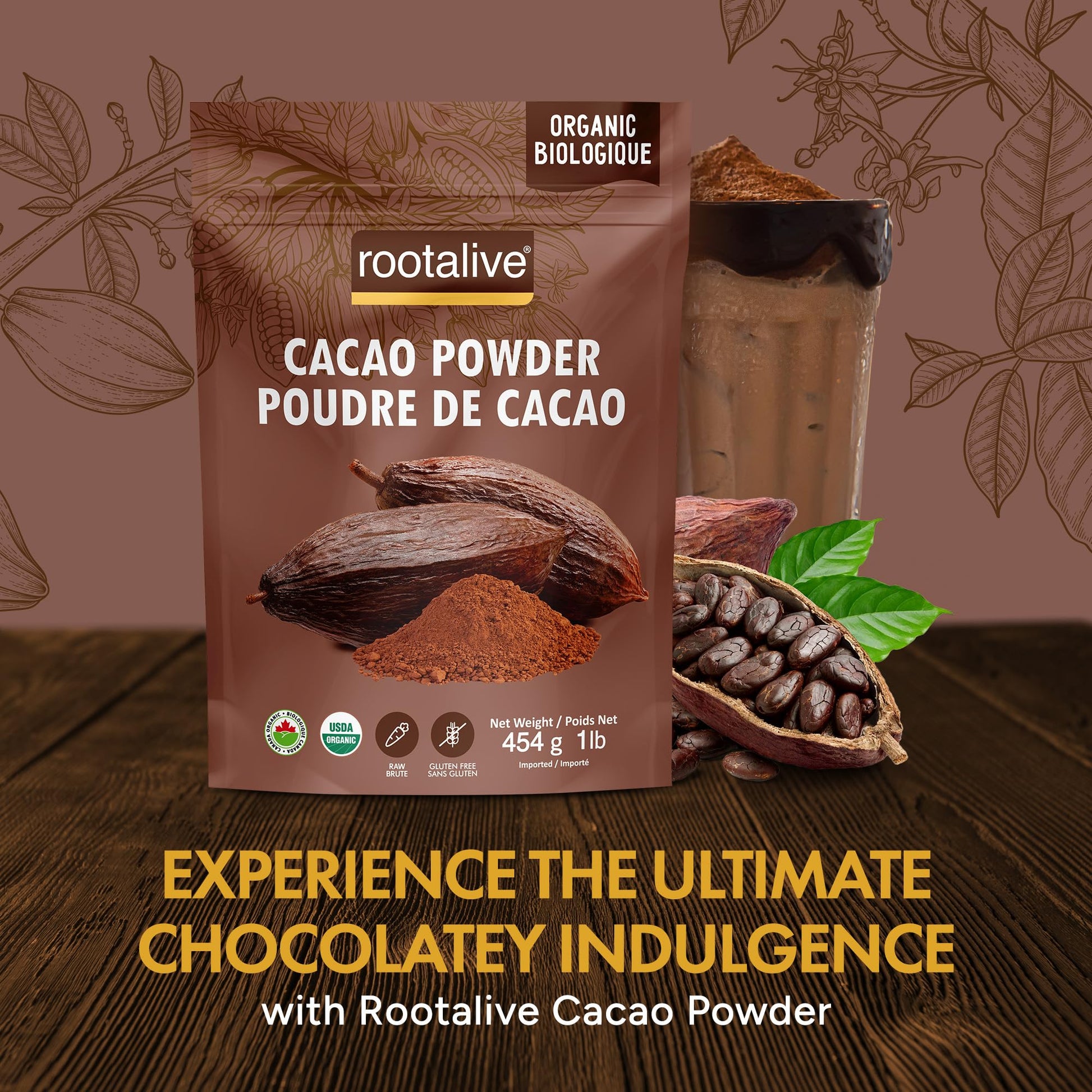 Rootalive Organic Raw Cacao Powder 454g (1lb), Premium Unroasted Cacao Bean powder in a Resealable Bag, Raw, Unsweetened, Vegetarian and Gluten-Free - Available at All In One Marketplace Canada