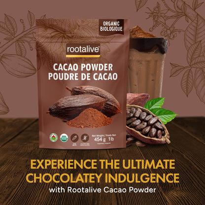 Rootalive Organic Raw Cacao Powder 454g (1lb), Premium Unroasted Cacao Bean powder in a Resealable Bag, Raw, Unsweetened, Vegetarian and Gluten-Free - Available at All In One Marketplace Canada