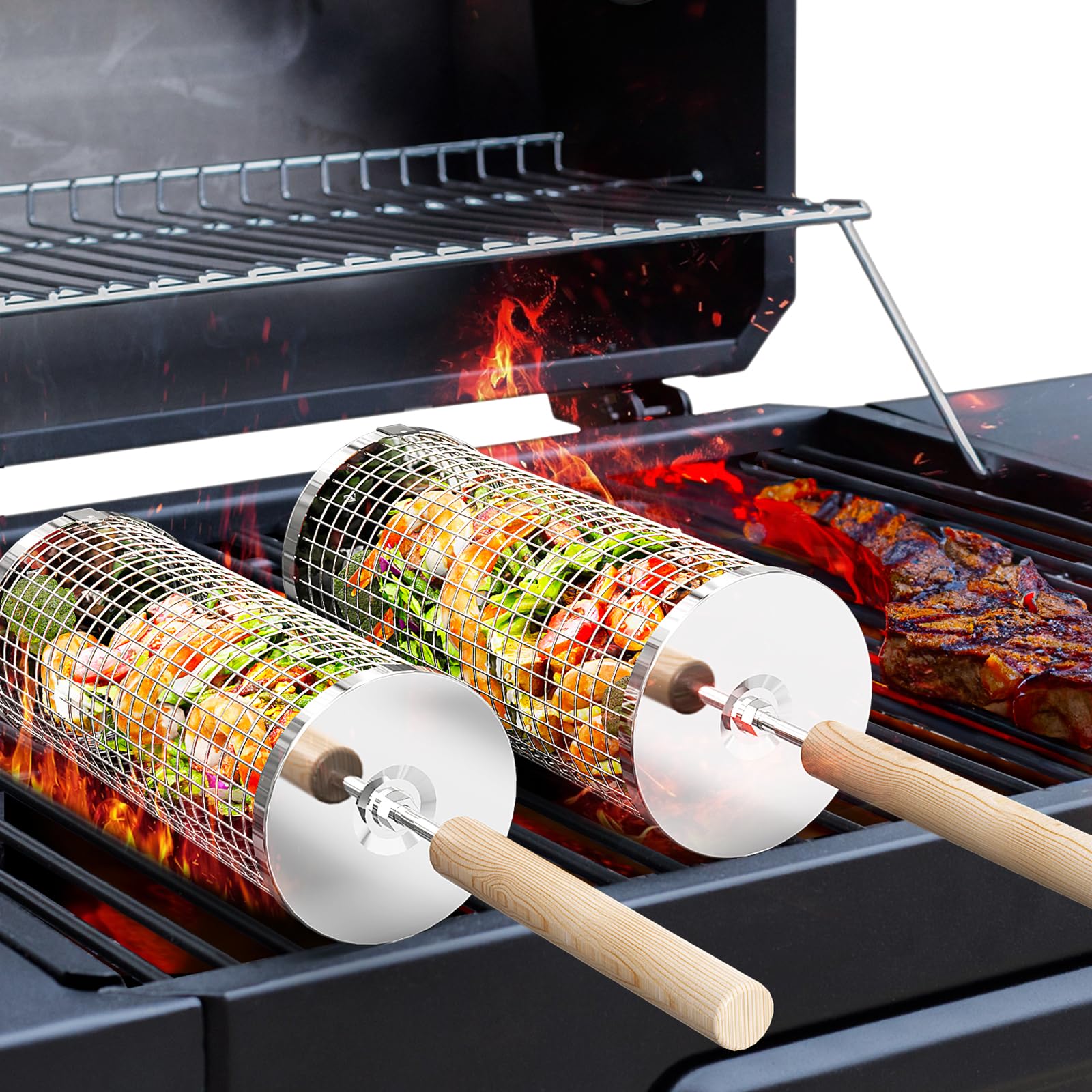 ivtivfu Rolling Grill Basket, Removable Wooden Handle, 304 Stainless Steel, Nesting Grilling Tools, Smoker BBQ Accessories for Vegetable, Outdoor Cooking Camping, Birthday Gifts for Men Dad Husband