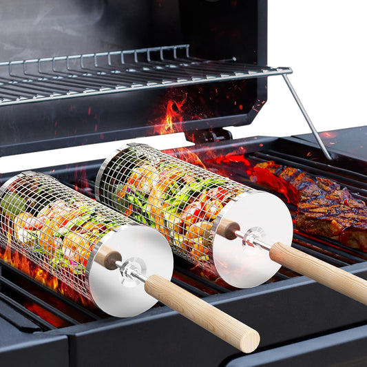ivtivfu Rolling Grill Basket, Removable Wooden Handle, 304 Stainless Steel, Nesting Grilling Tools, Smoker BBQ Accessories for Vegetable, Outdoor Cooking Camping, Birthday Gifts for Men Dad Husband