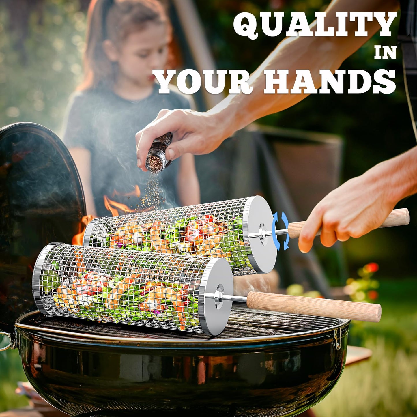 ivtivfu Rolling Grill Basket, Removable Wooden Handle, 304 Stainless Steel, Nesting Grilling Tools, Smoker BBQ Accessories for Vegetable, Outdoor Cooking Camping, Birthday Gifts for Men Dad Husband