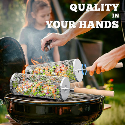 ivtivfu Rolling Grill Basket, Removable Wooden Handle, 304 Stainless Steel, Nesting Grilling Tools, Smoker BBQ Accessories for Vegetable, Outdoor Cooking Camping, Birthday Gifts for Men Dad Husband