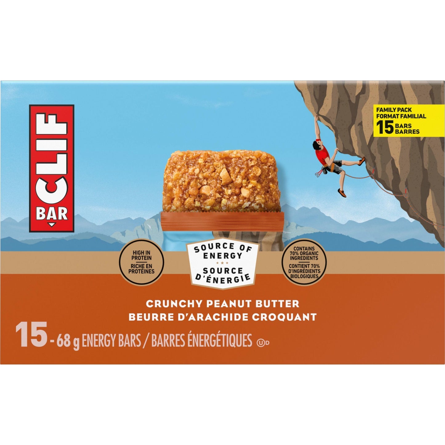 CLIF BAR Energy Bars, Crunchy Peanut Butter, Granola Bar, High in Protein, Contains 70% Organic Ingredients, 1.02 kg (Pack of 15) - Available at All In One Marketplace Canada