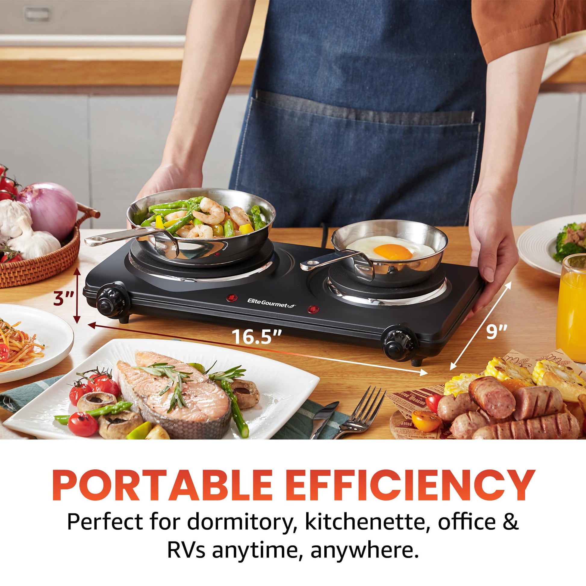 Elite Gourmet EDB-302BF# Countertop Double Cast Iron Burner, 1500 Watts Electric Hot Plate, Temperature Controls, Power Indicator Lights, Easy to Clean, Black - Available at All In One Marketplace Canada