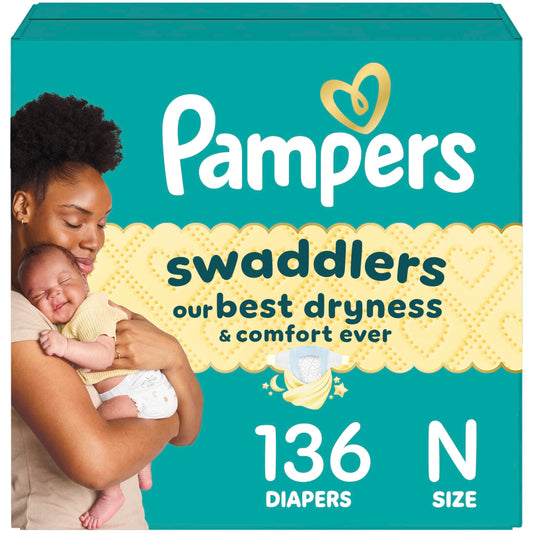 Pampers Swaddlers Diapers, Size 0 (up to 10 lbs), 136 Count, Absorbent, Keeps Baby Dry and Comfortable, Skin Safe Disposable Baby Diaper