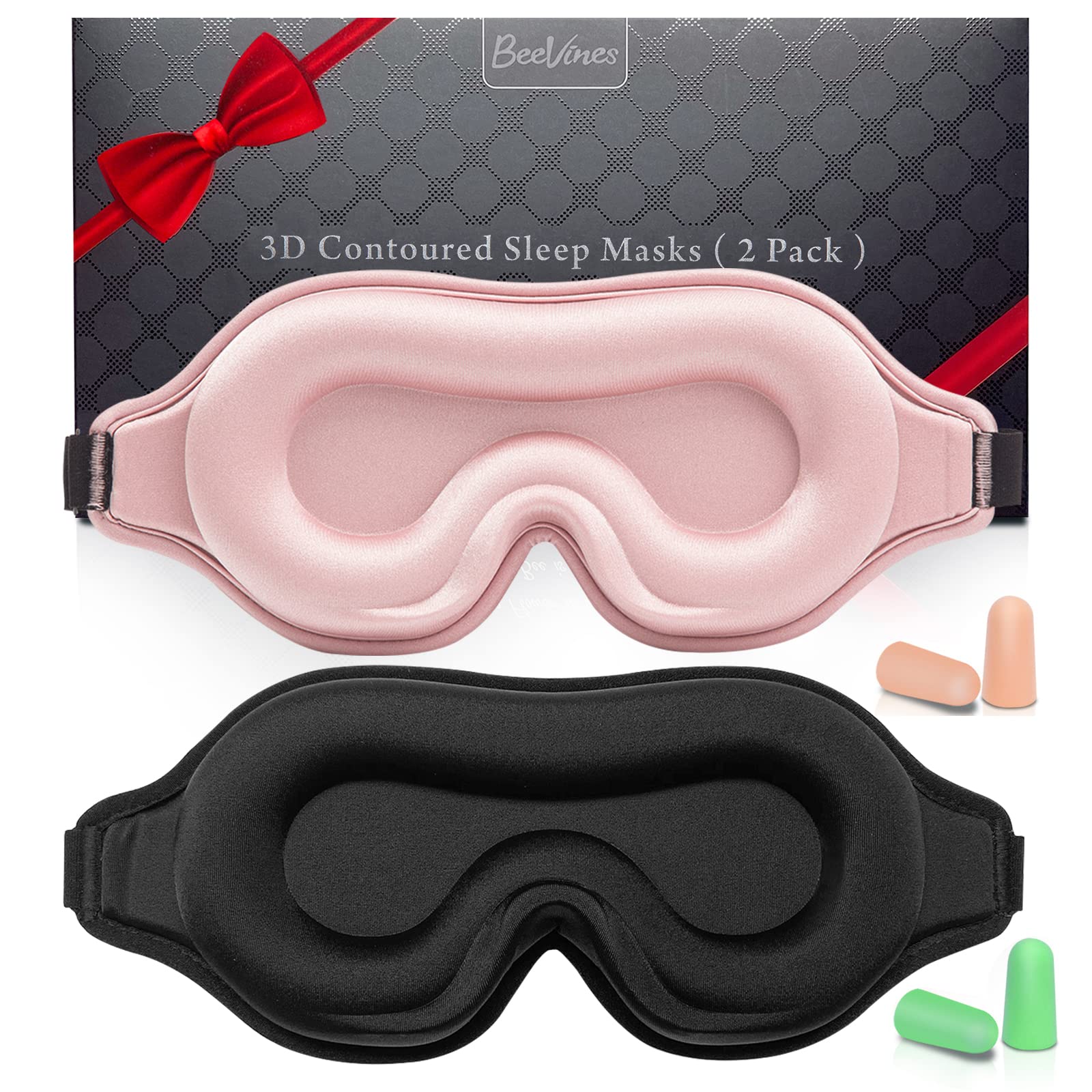 100% Blackout Sleep Mask for Women Men, 2 Packs 3D Contoured Eye Mask for Sleeping with Adjustable Strap, BeeVines Eye Mask for Eyelash Extensions Sleep Mask Blindfold, Soft Breathable Eye Shade Cover for Travel Yoga (Black & Pink) - Available at All In One Marketplace Canada