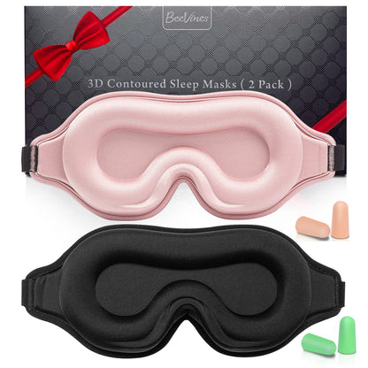 100% Blackout Sleep Mask for Women Men, 2 Packs 3D Contoured Eye Mask for Sleeping with Adjustable Strap, BeeVines Eye Mask for Eyelash Extensions Sleep Mask Blindfold, Soft Breathable Eye Shade Cover for Travel Yoga (Black & Pink) - Available at All In One Marketplace Canada