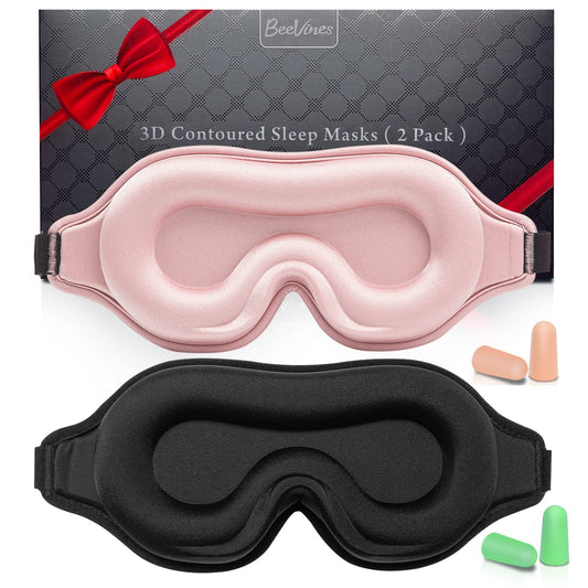 100% Blackout Sleep Mask for Women Men, 2 Packs 3D Contoured Eye Mask for Sleeping with Adjustable Strap, BeeVines Eye Mask for Eyelash Extensions Sleep Mask Blindfold, Soft Breathable Eye Shade Cover for Travel Yoga (Black & Pink) - Available at All In One Marketplace Canada