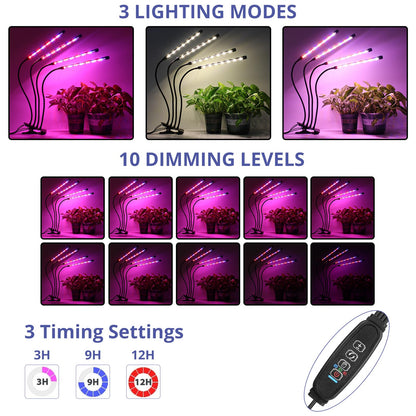 Sondiko LED Grow Light, Full Spectrum Plant Lights for Indoor Plants with Auto On Off 3/9/12H Timer, 10 Dimmable Levels, Adjustable Gooseneck, 3 Switch Modes