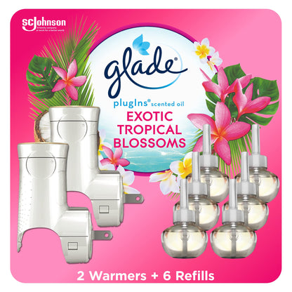 Glade PlugIns Air Freshener Refill Oil Kit, Long Lasting Scented Plug In with Essential Oils for Home, Bathroom & Kitchens, Exotic Tropical Blossoms, 2 Warmers + 6 Refills Glade