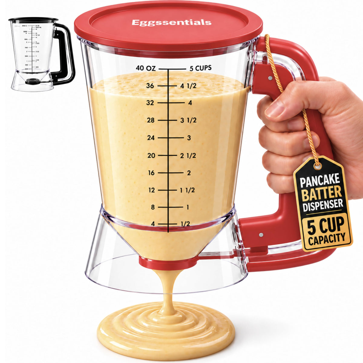 Eggssentials Pancake Dispenser for Batter - Pancake Mix Dispenser Cupcakes, and Muffins – Precision, Mess Free – Cake Mix Dispenser Bottle for Baking & Griddle - Red Color 🍁 All In One Marketplace Canada