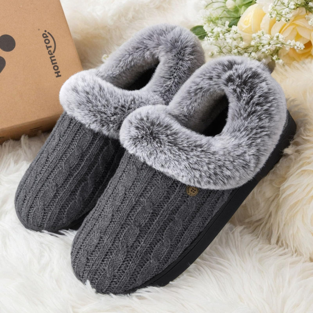 HomeTop Women’s Cable Knit Slippers Warm Fuzzy Indoor Gray, 7-8 US 🍁 All In One Marketplace Canada