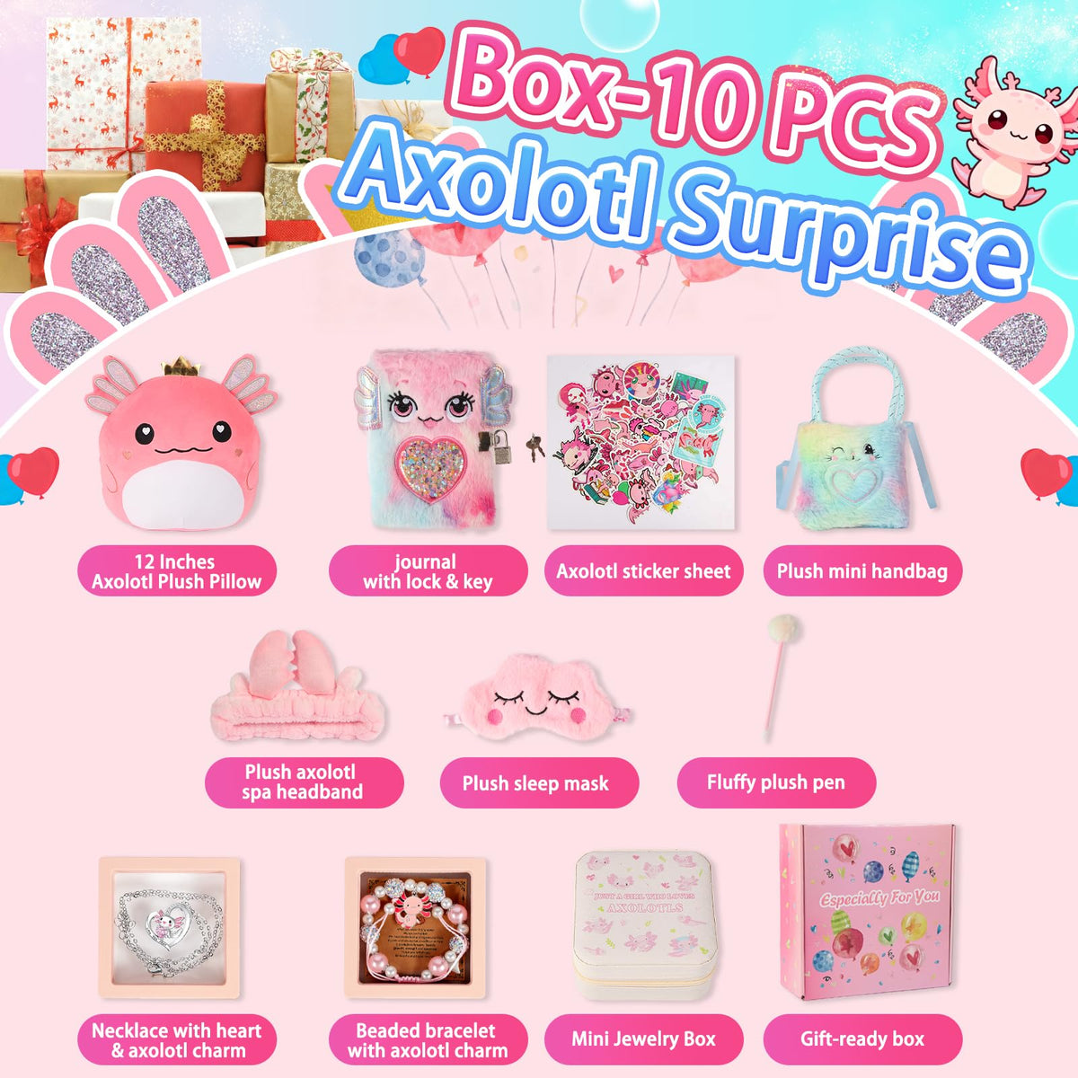 Axolotl Gift Set for Girls，Cute Axolotl Themed Gift Box with Fluffy Diary with lock and keys, Stickers, Pen and More Axolotl Accessories, Christmas Birthday Gifts for Girls 🍁 All In One Marketplace Canada