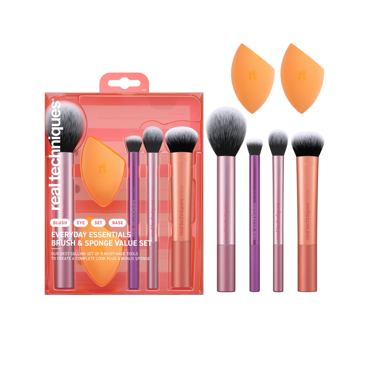 Real Techniques Makeup Brush Set with 2 Sponge Blenders for Eyeshadow, Foundation, Blush, and Concealer, Set of 6