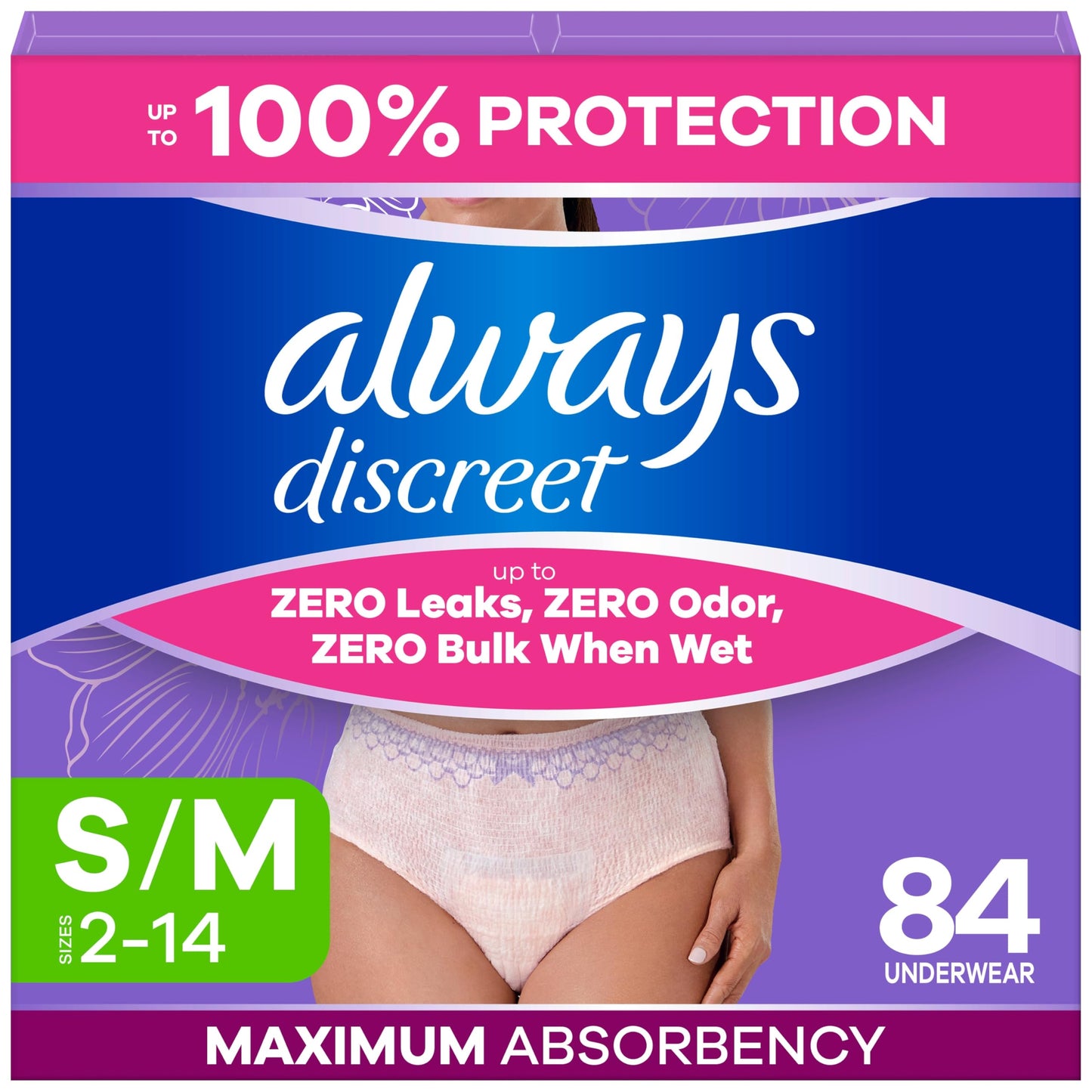 Always Discreet, Adult Diapers for Women, Maximum Incontinence and Postpartum Underwear S/M, 84 Count Always Discreet