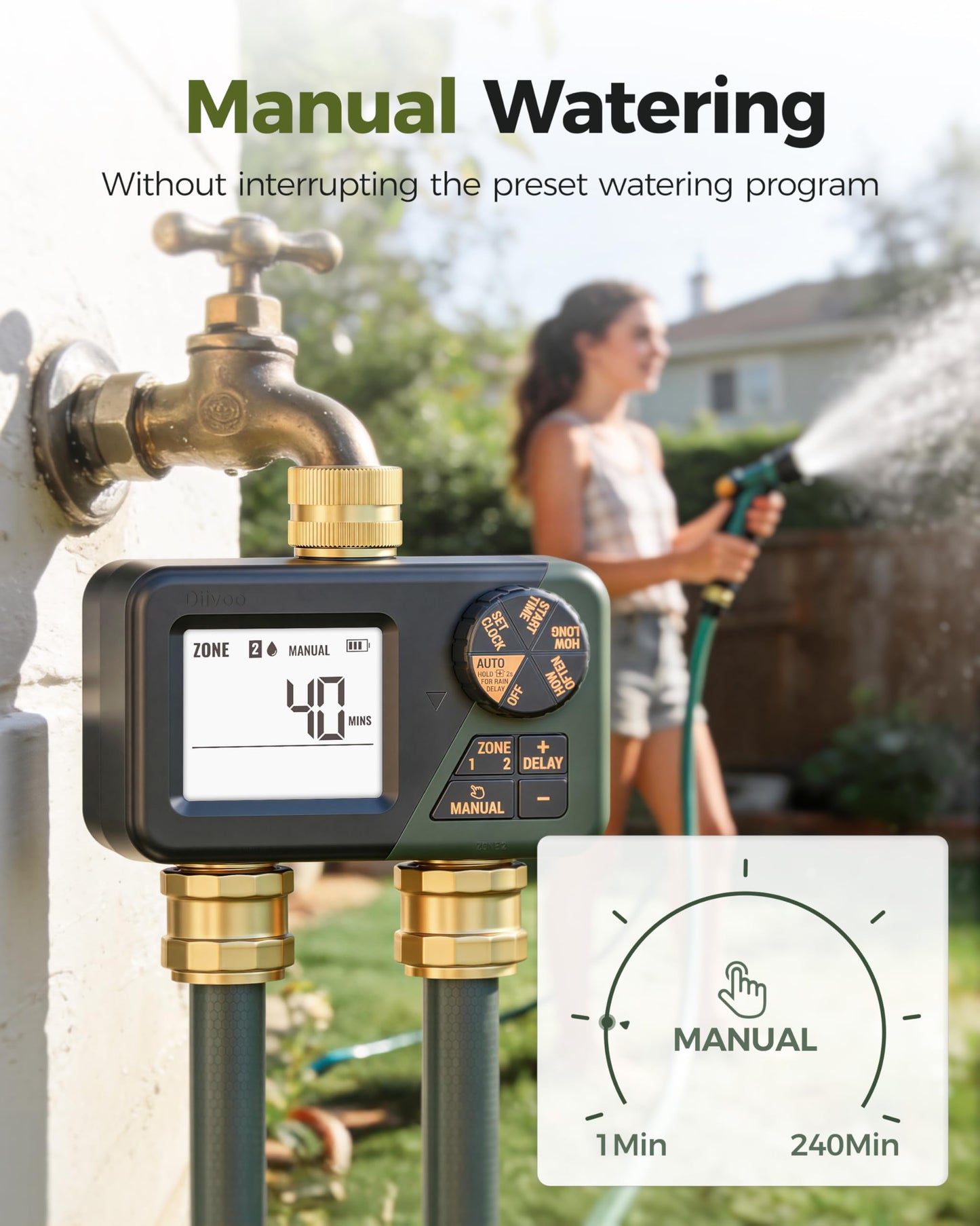 Diivoo 2 Zone Water Timer for Garden Hose, Programmable Sprinkler Hose Timer with Brass Inlet & Outlet, IP66 Waterproof, Rain Delay & Manual Mode for Irrigation, Lawn, Yard - Available at All In One Marketplace Canada