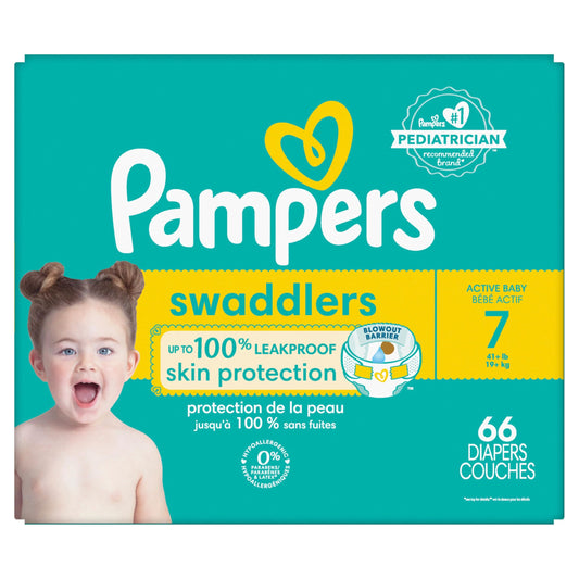 Pampers Swaddlers Diapers, Size S7 (26-50 lbs), 66 Count, Absorbent, Keeps Baby Dry and Comfortable, Skin Safe Disposable Baby Diaper