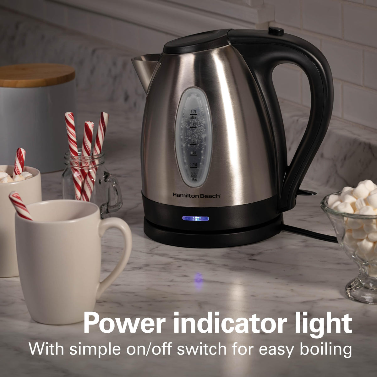 Hamilton Beach Electric Tea Kettle, Water Boiler & Heater, 1.7 Liter, Cordless Serving, 1500 Watts for Fast Boiling, Auto-Shutoff and Boil-Dry Protection, Stainless Steel (40880C)